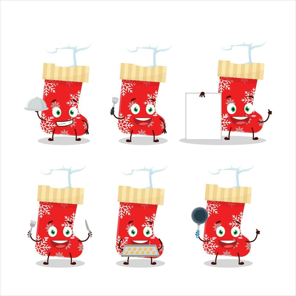 Cartoon character of red christmas socks with various chef emoticons vector