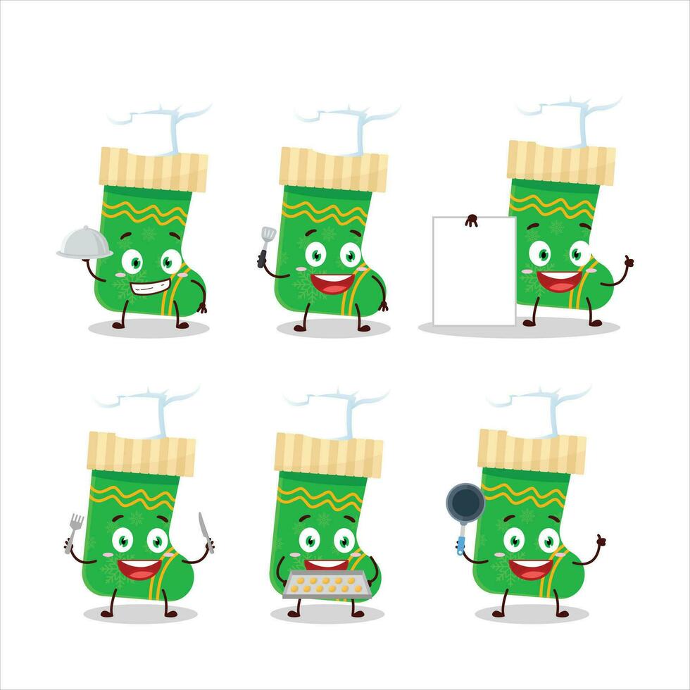Cartoon character of green christmas socks with various chef emoticons vector