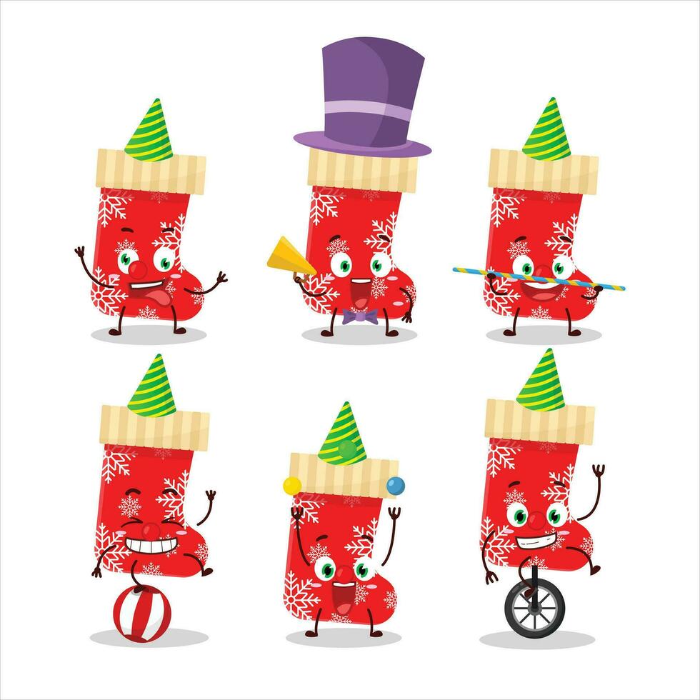 Cartoon character of red christmas socks with various circus shows vector