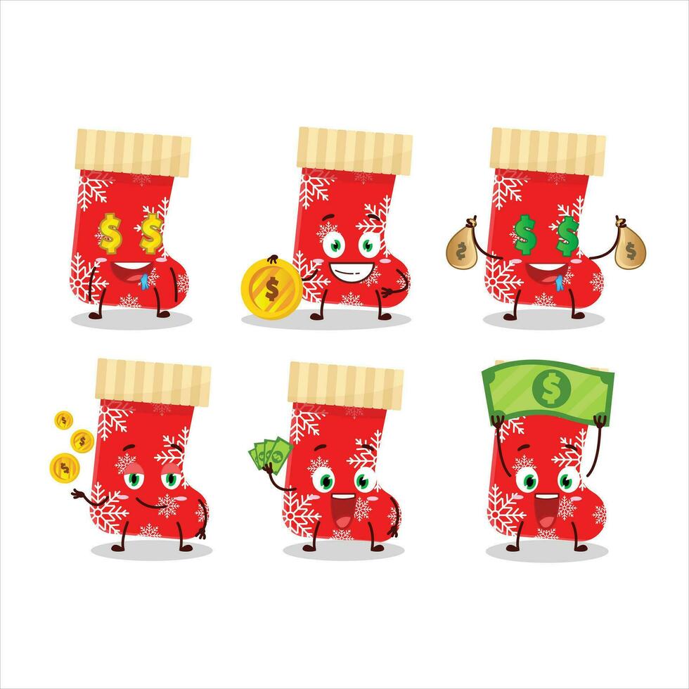 Red christmas socks cartoon character with cute emoticon bring money vector