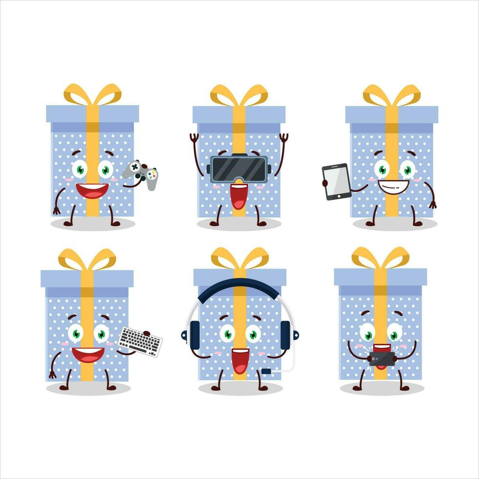 Blue christmas gift cartoon character are playing games with various cute emoticons vector