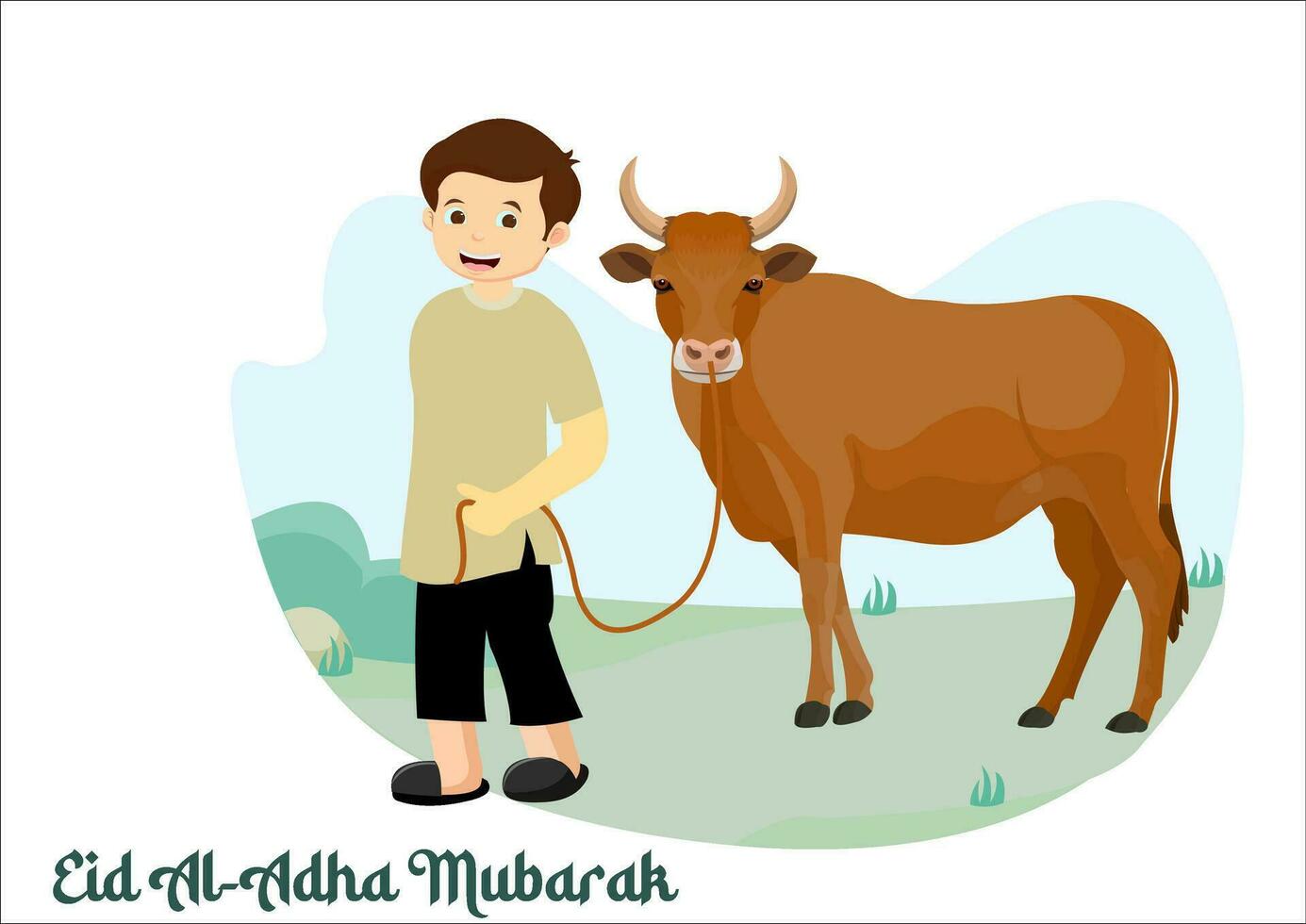 vector illustration of a Muslim boy carrying a cow for sacrifice