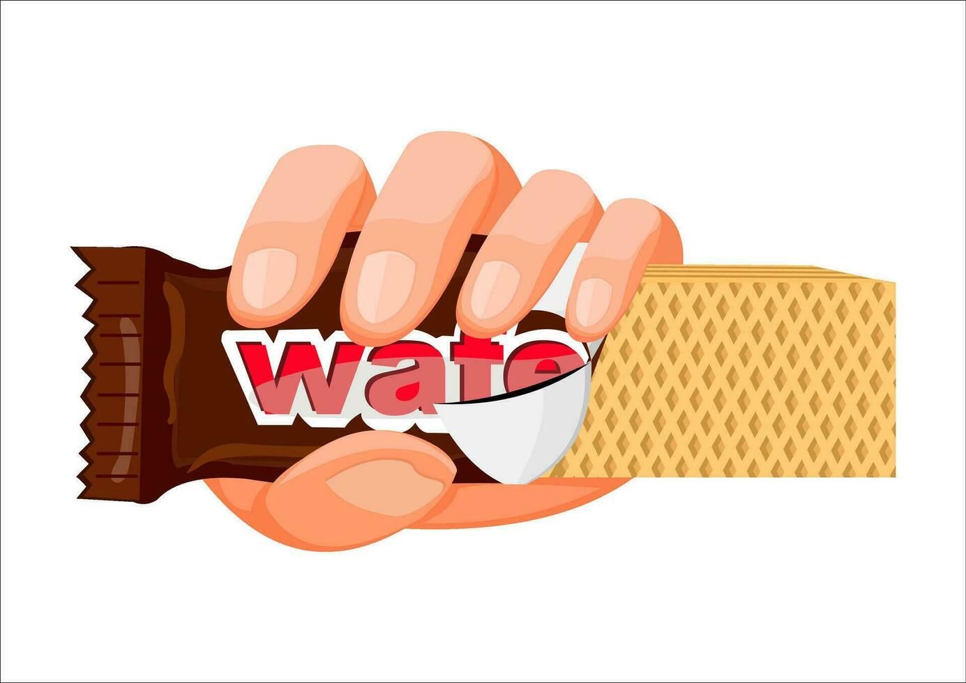 vector illustration of a hand holding a chocolate wafer wrapper with the wrapper peeled off