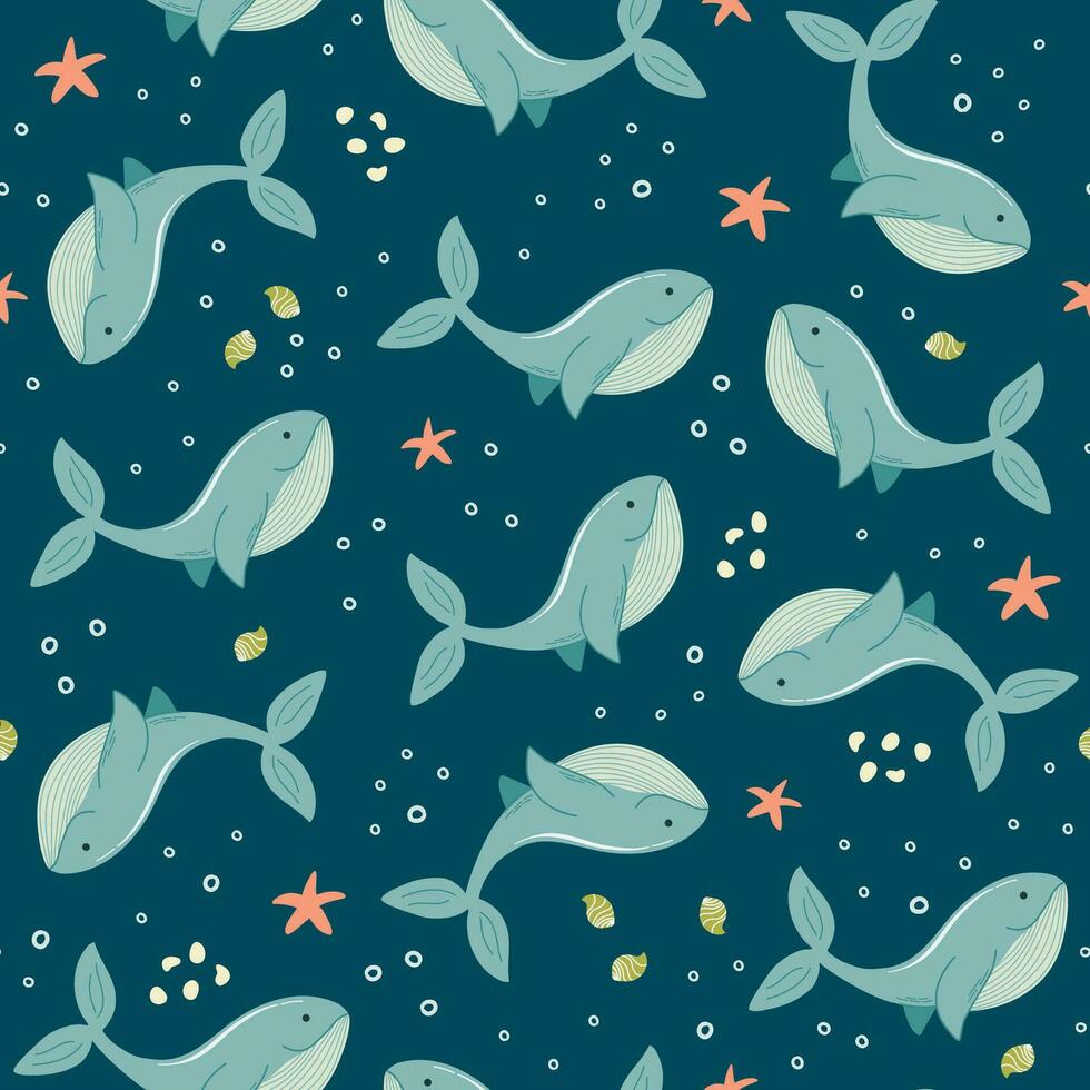 Seamless pattern with hand drawn whales, shells, starfishes. Cute Summer background, beach vacation. Vector illustration for textile, scrapbook, wrapping paper, baby nursery decor.