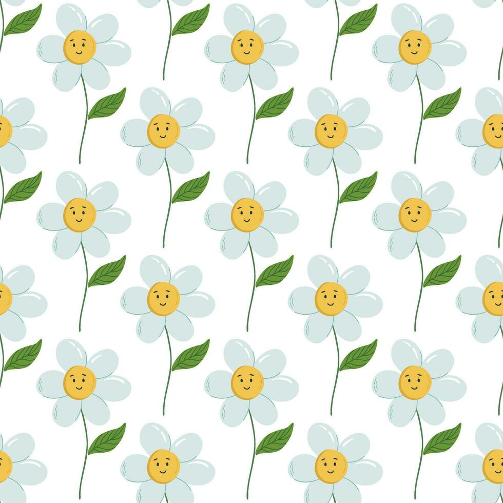 Flower background with smiling chamomiles. Retro style seamless pattern. Cool groovy print with kawaii flower bud, stem and leaf. vector