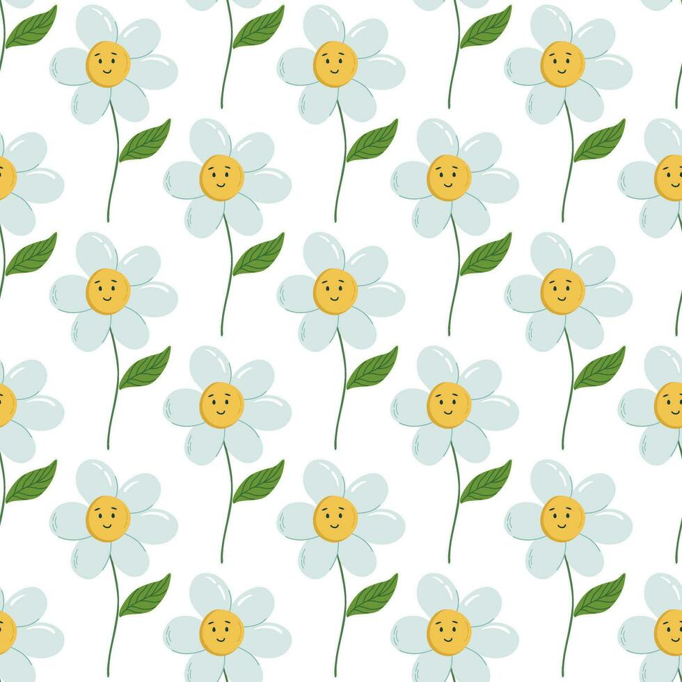 flor antecedentes con sonriente manzanilla retro estilo sin costura modelo. frio maravilloso impresión con kawaii flor brote, vástago y hoja. vector