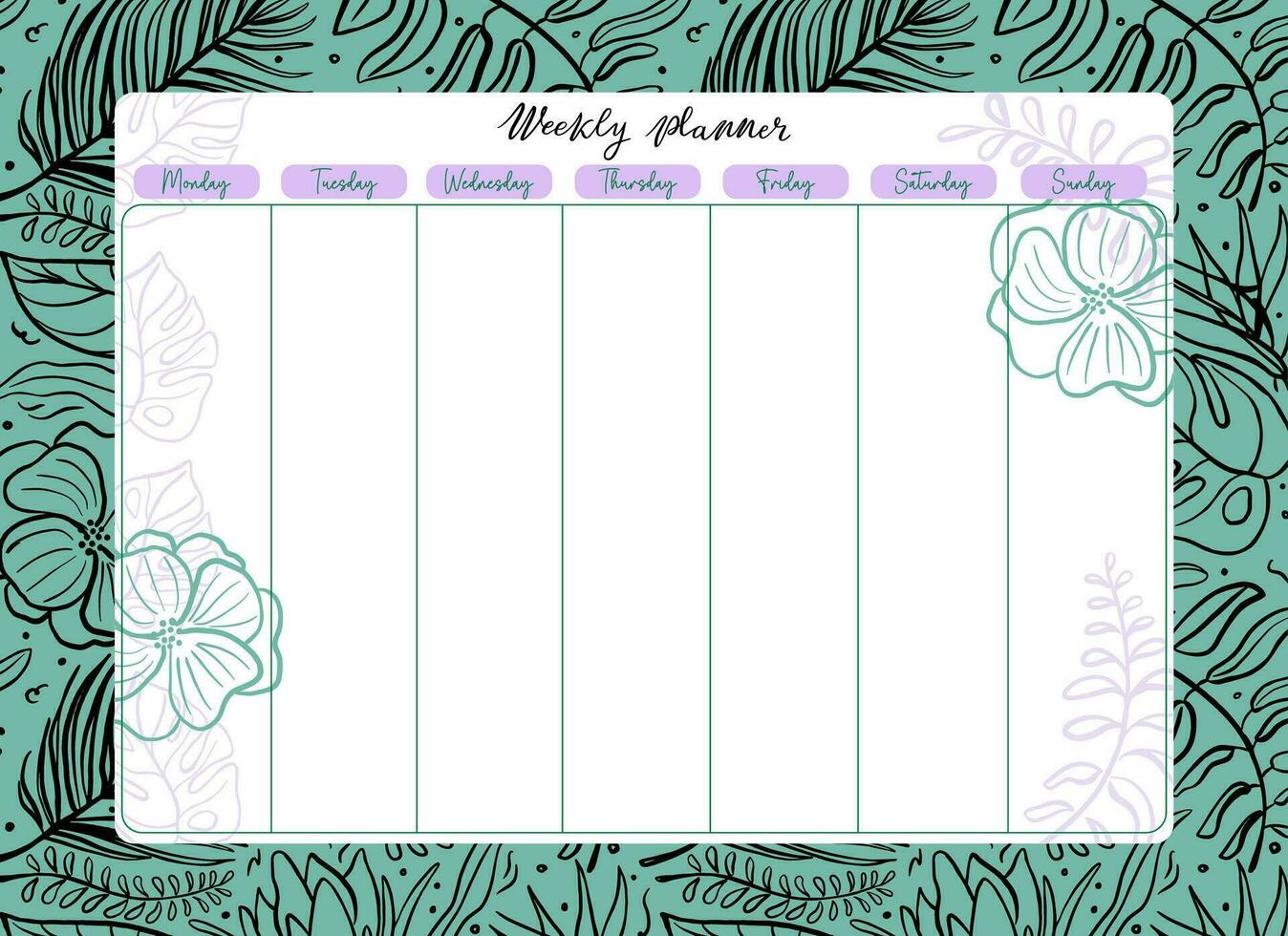 Weekly planner decorated with tropical plant elements. Cute  scheduler and organizer with line art style pattern. Modern stationery. Vector illustration.