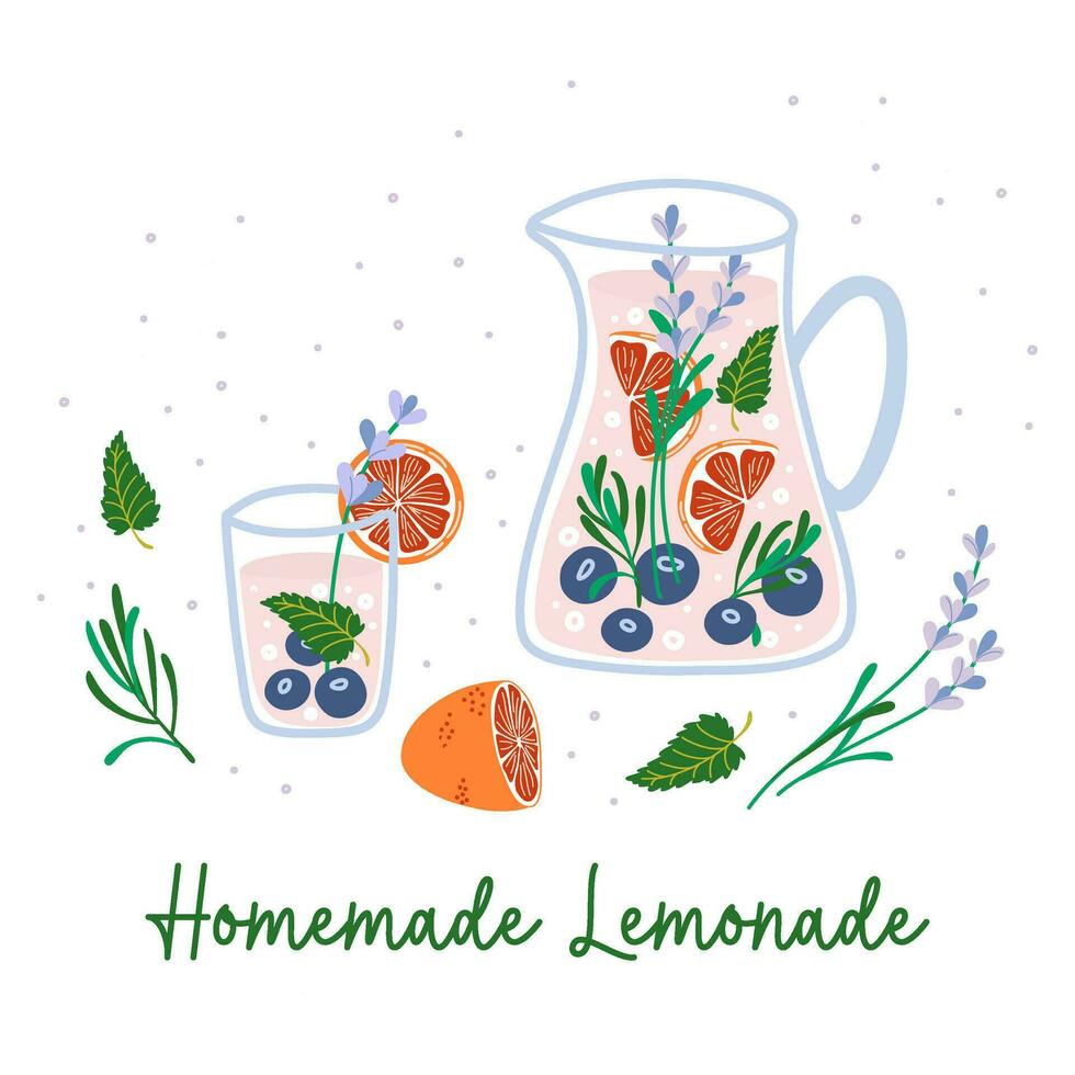 hecho en casa limonada. composición con lanzador, vaso, agrios frutas, menta hojas y hierbas. mano dibujado vector ilustración para póster, decoración, logo y impresión. verano bebida ingredientes.