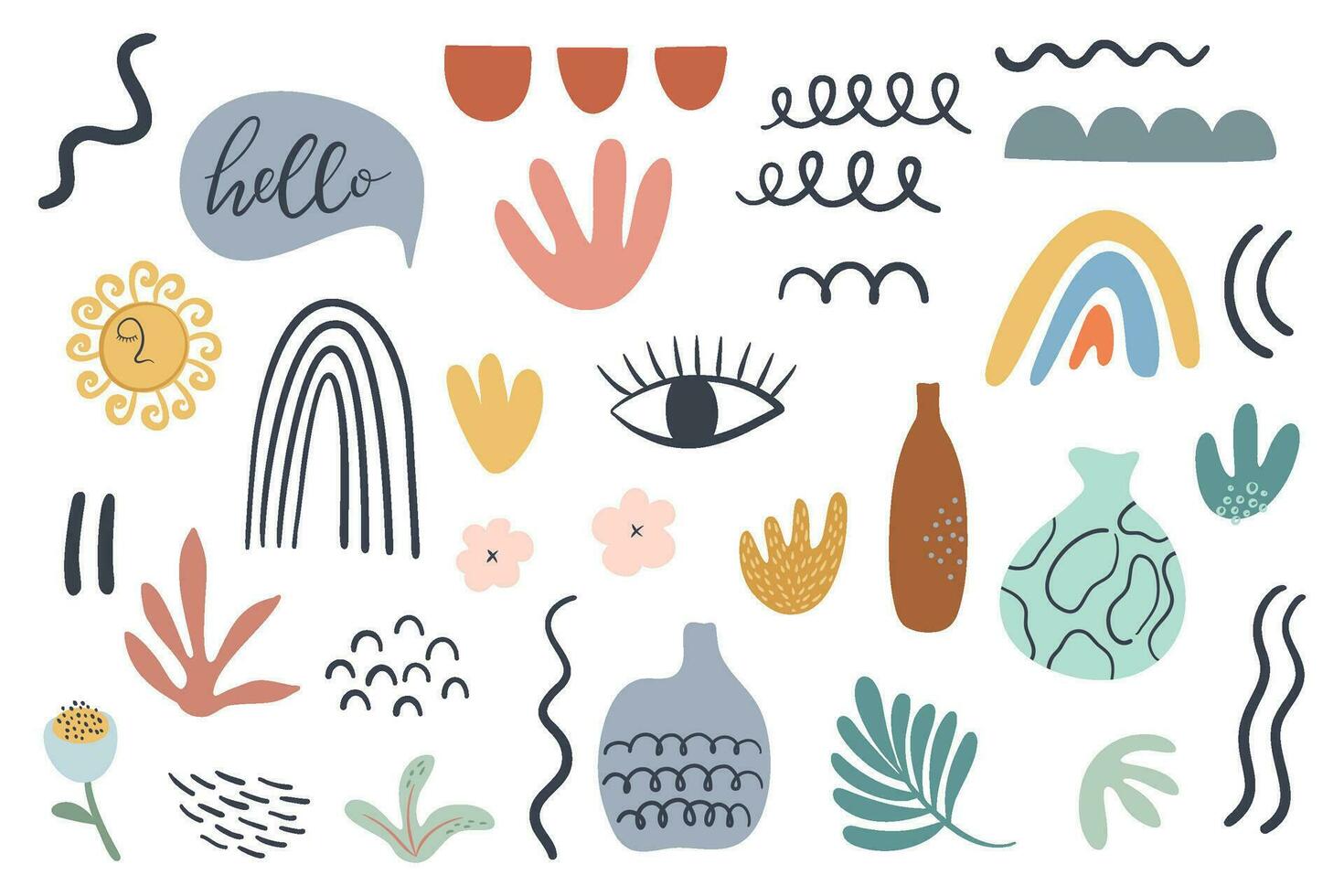 Minimalistic boho abstract naive art shapes collection. Doodle set, cute Summer season elements. Modern hand drawn vector illustrations.