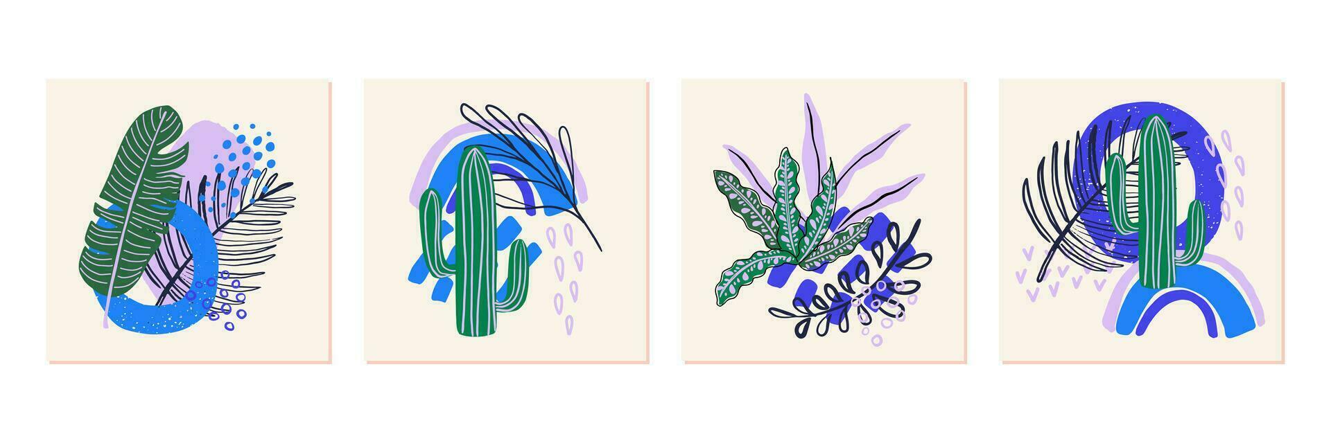 Abstract compositions with leaves, rainbow and simple textures. Set of beautiful tropical backgrounds. Modern design for posters, covers, cards, interior decor. vector