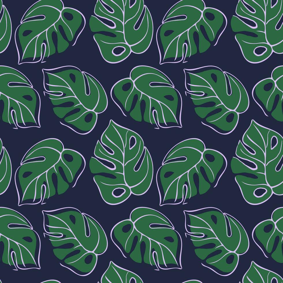 Abstract minimalistic background with monstera leaves in one line drawing and flat. Tropical plant vector illustration. Botanical seamless pattern for paper, textile, cards.