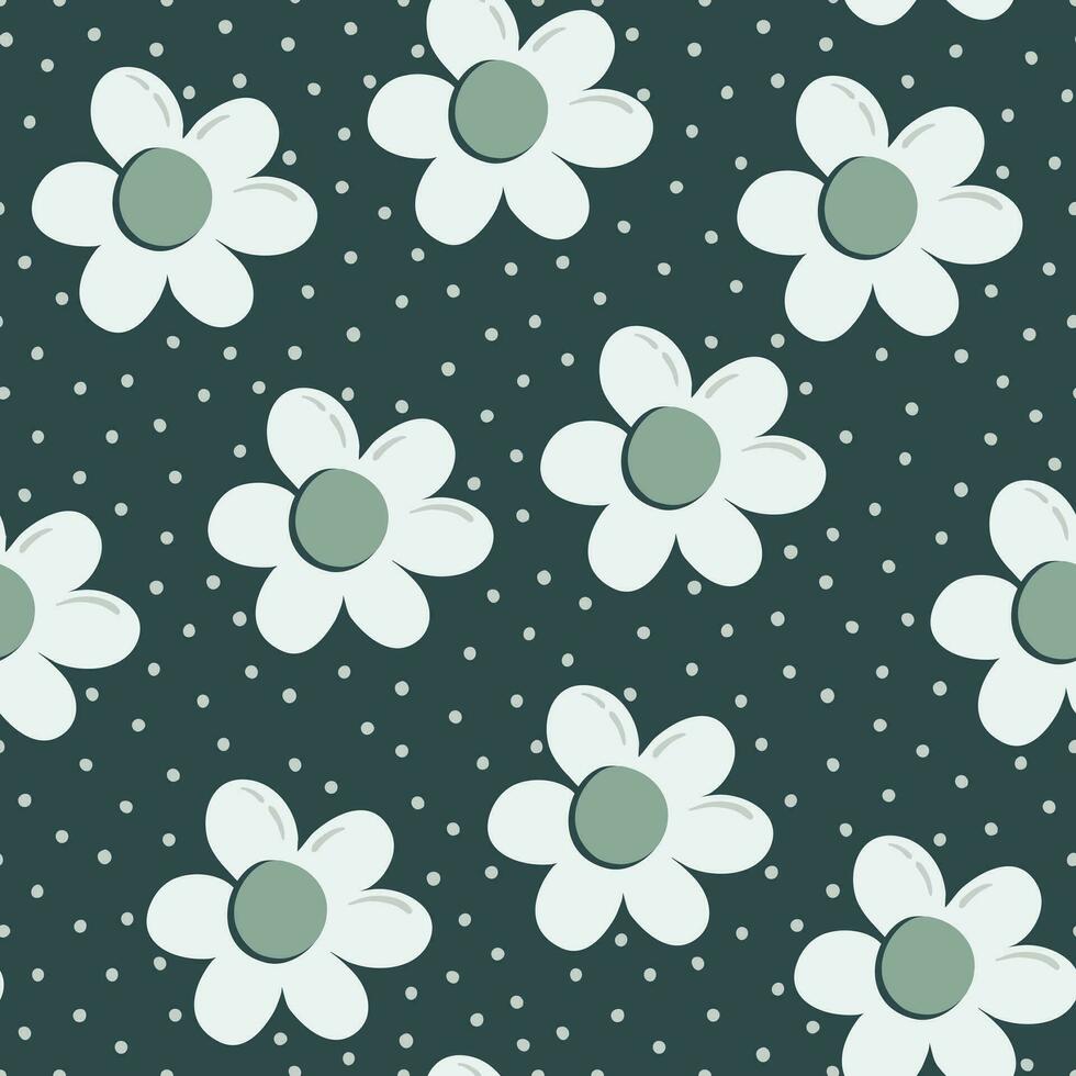 Seamless pattern with daisy flowers and polka dot ornament. Flower buds on dark green background. Flat style floral print. Cute retro vector illustration.