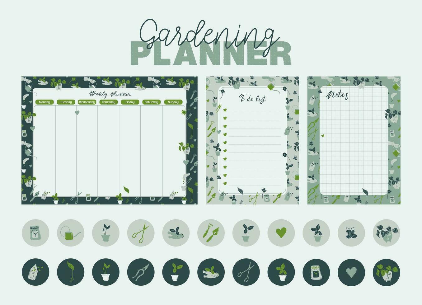 Weekly planner, notes, to do list and stickers decorated with home gardening elements. Scheduler and organizer for plant lover. Retro style green stationery for planning and education. vector