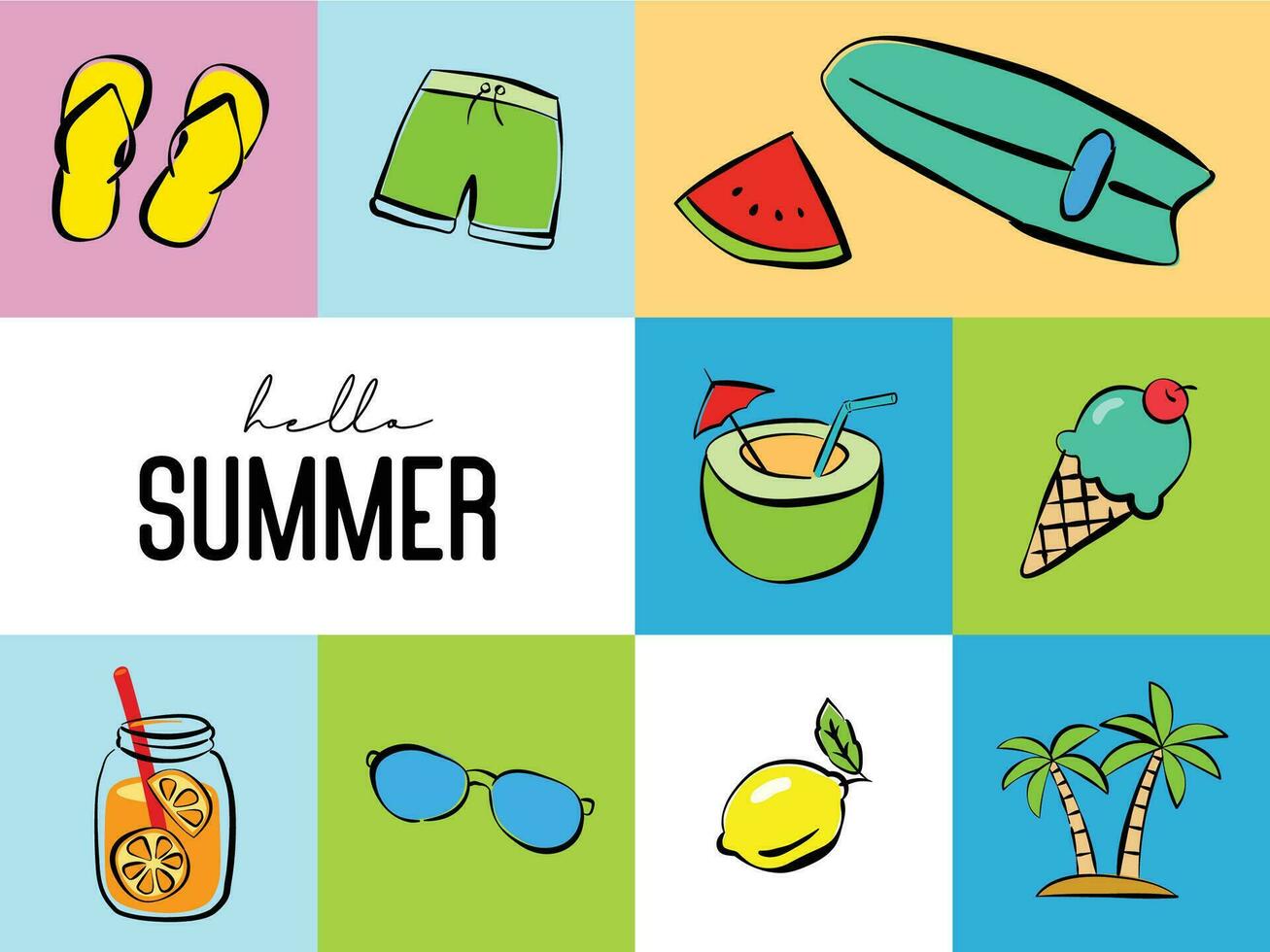 Hello summer with object element decoration background. vector