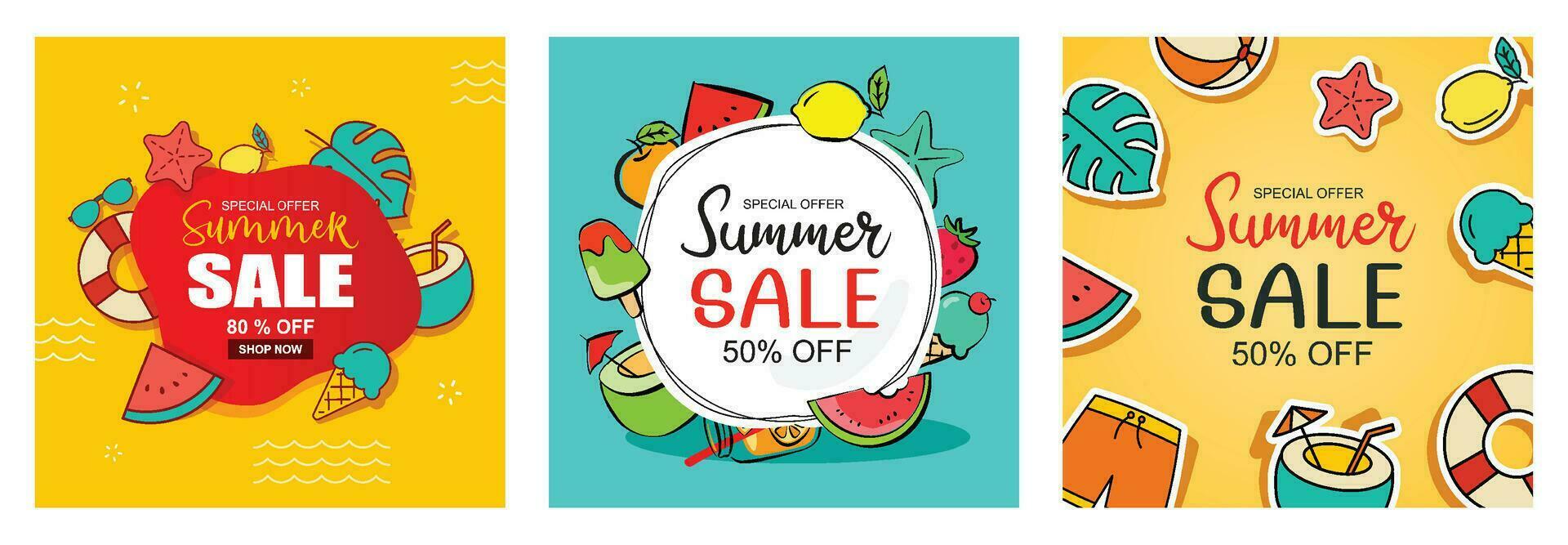 Summer sale banner cover template background. Summer discount special offer in hand drawn style. vector