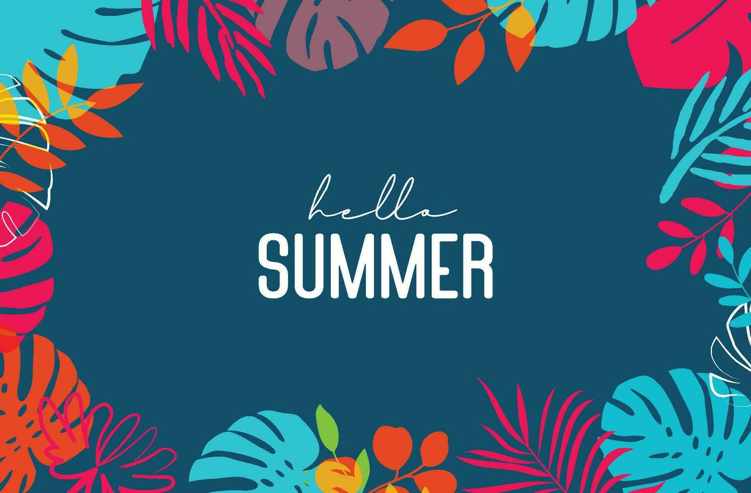 Hello summer tropical with plants and leaf decoration on background. vector
