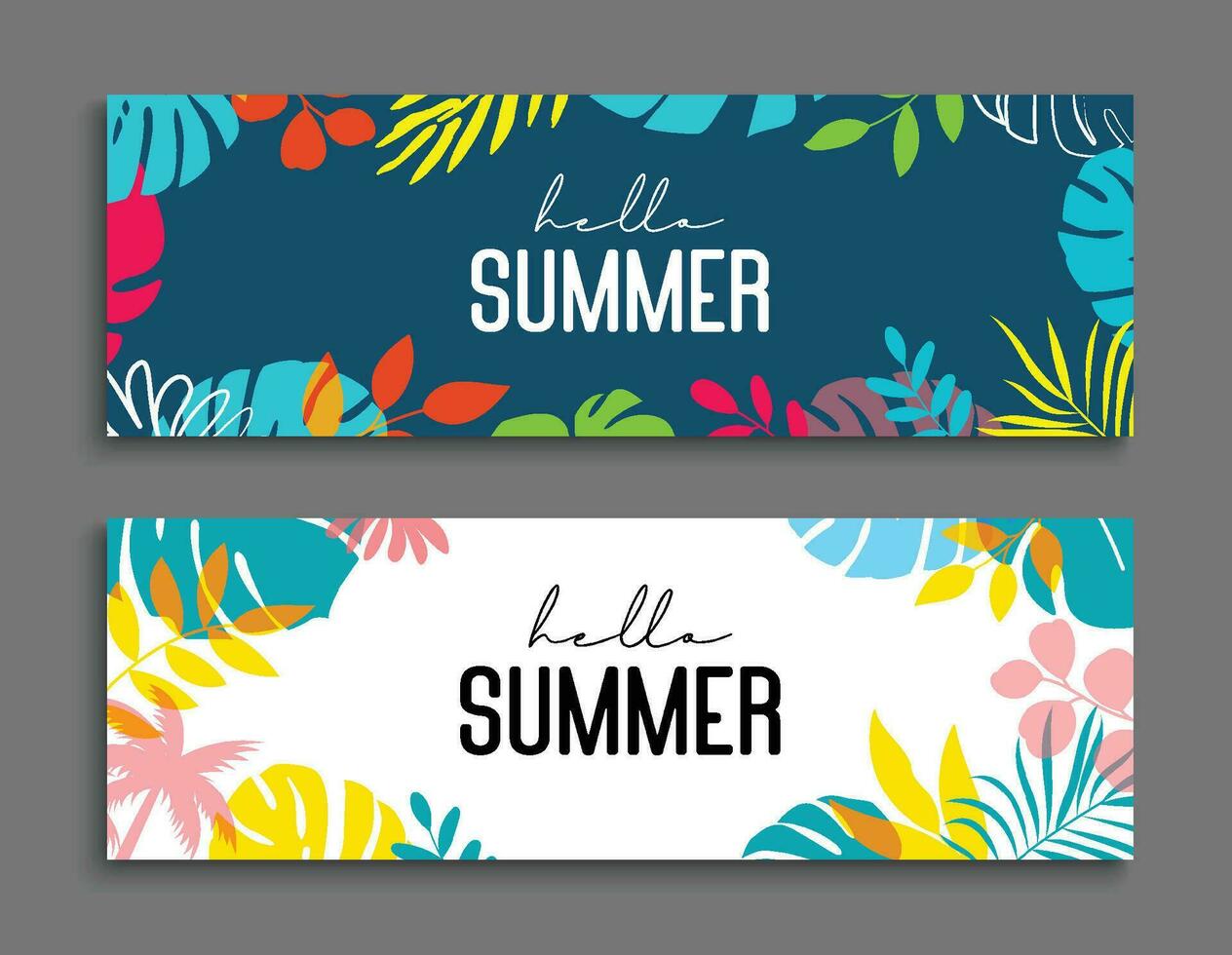 Hello summer tropical with plants and leaf decoration on background. vector