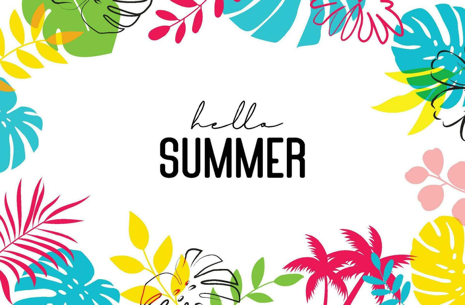 Hello summer tropical with plants and leaf decoration on background. vector