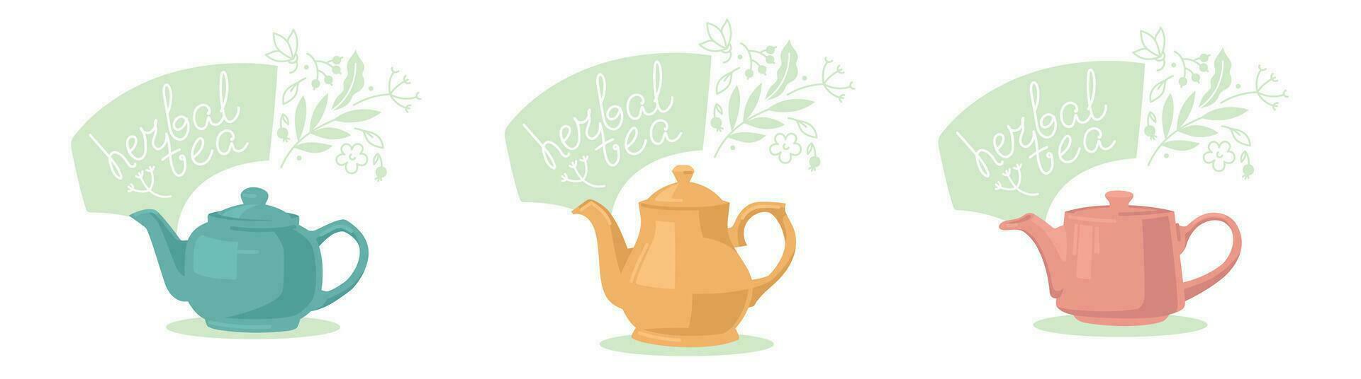 A set of ceramic teapots for brewing herbal tea. Composition of natural herbs and teapot. Lettering. Vector image.