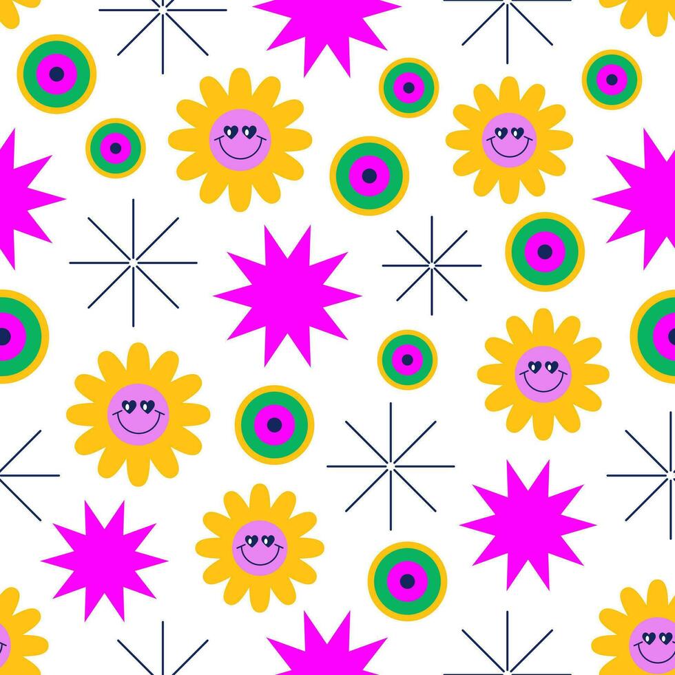 Modern geometric futuristic background. Abstract psychedelic brutalist pattern. Geometric shapes, figures, smiling flowers, line art. Contemporary primitive basic elements. Y2k. vector