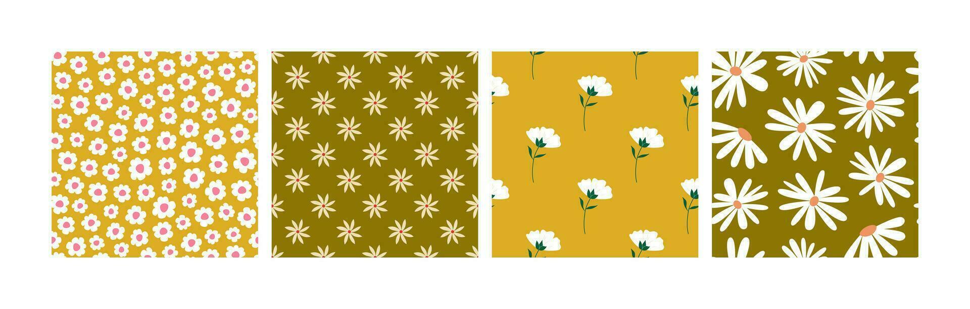 conjunto de 70s retro maravilloso floral sin costura patrones. verano manzanillas. floral nostalgia antecedentes. moderno botánicos. Clásico digital papel. vector