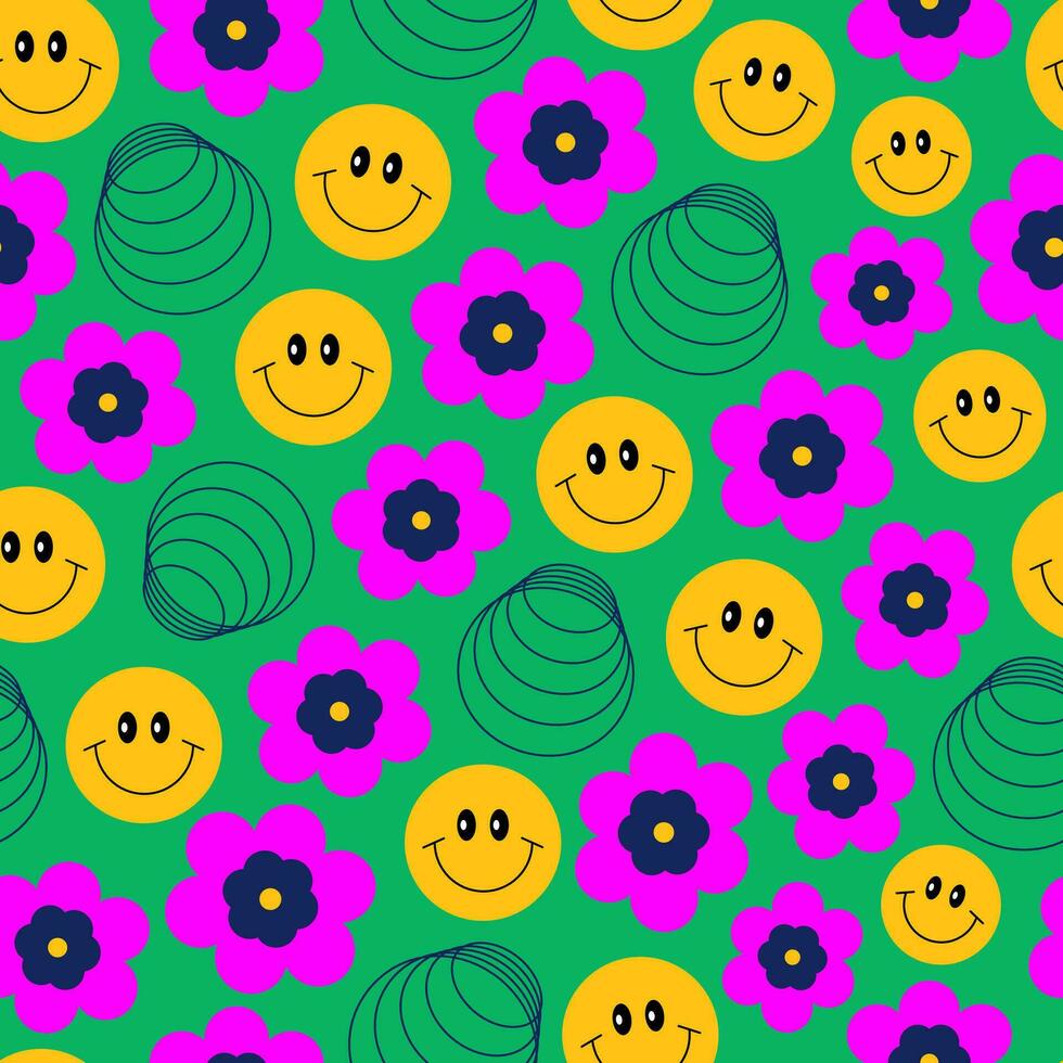 70s retro groovy psychedelic futuristic seamless pattern. Hippie smiling faces, flowers, abstract linear shapes. Background, digital paper. Y2k. Nostalgia concept. vector