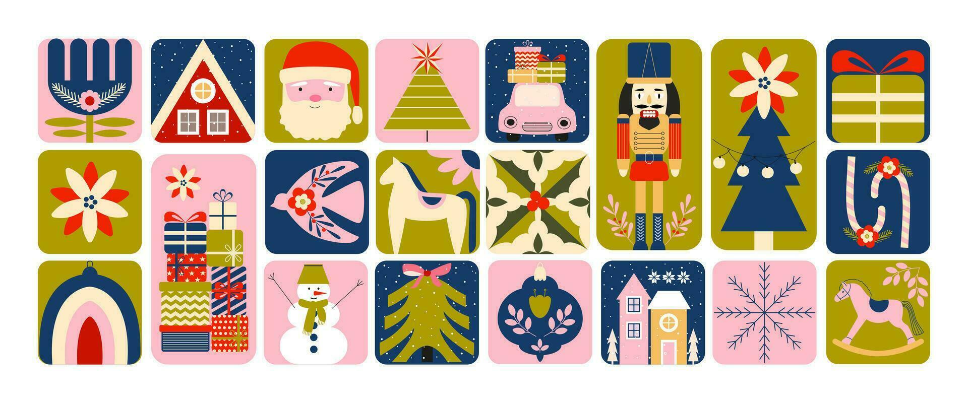 moderno Clásico Navidad. nuevo año retro hada cuento. cascanueces. escandinavo invierno vacaciones. Navidad árbol, Papa Noel, pelotas, flores, casas, regalos, copos de nieve. juguetón pegatinas, etiquetas, losas, mosaico. vector