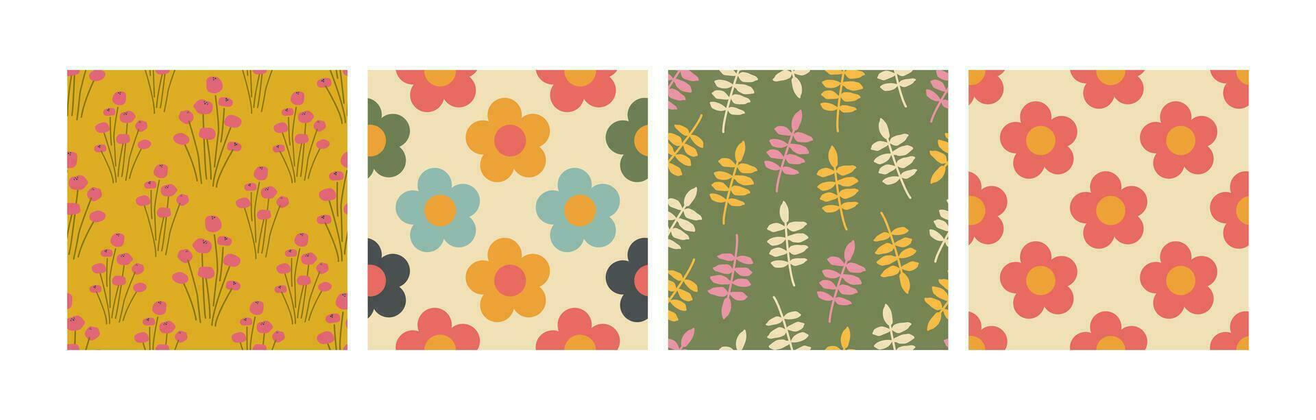 Set of 70s retro groovy floral  patterns. Summer meadow. Floral nostalgia seamless background. Vintage digital paper. vector
