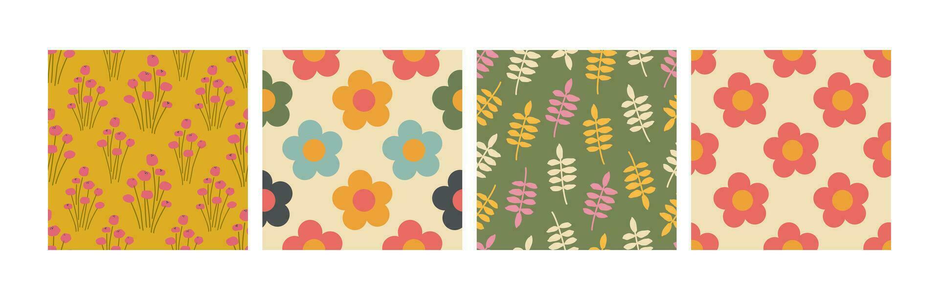 conjunto de 70s retro maravilloso floral patrones. verano prado. floral nostalgia sin costura antecedentes. Clásico digital papel. vector