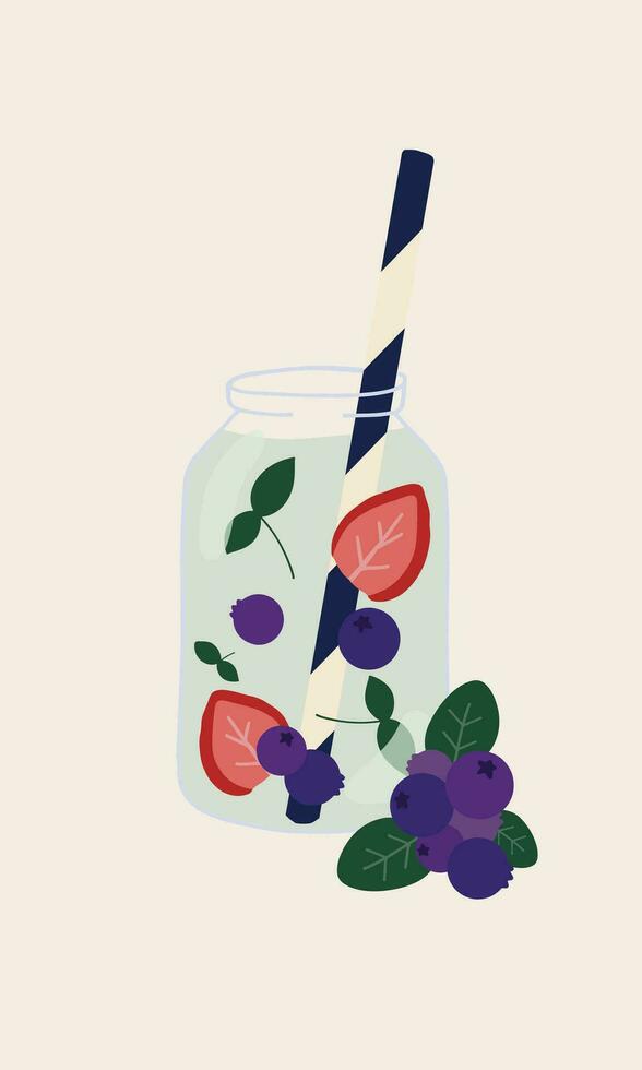 Hand drawn vector illustration of fruit infused water in a glass jar. Different assortment fruits and vegetables in a water for detox and refreshment for a tropical holiday