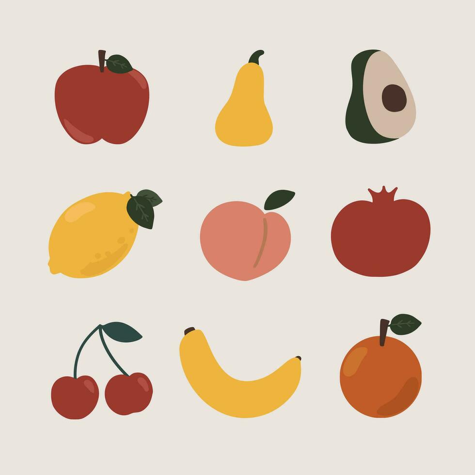 hand drawn vector illustration of  minimal fruit shapes art print elements consist of apple, pear, avocado, lemon, peach,  pomegranate, cherry, banana and orange