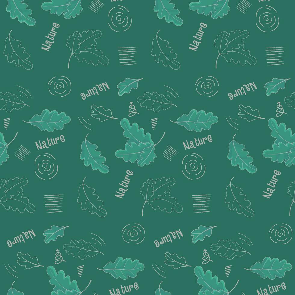 Green Pattern with Oak Leaves and Abstract Elements vector