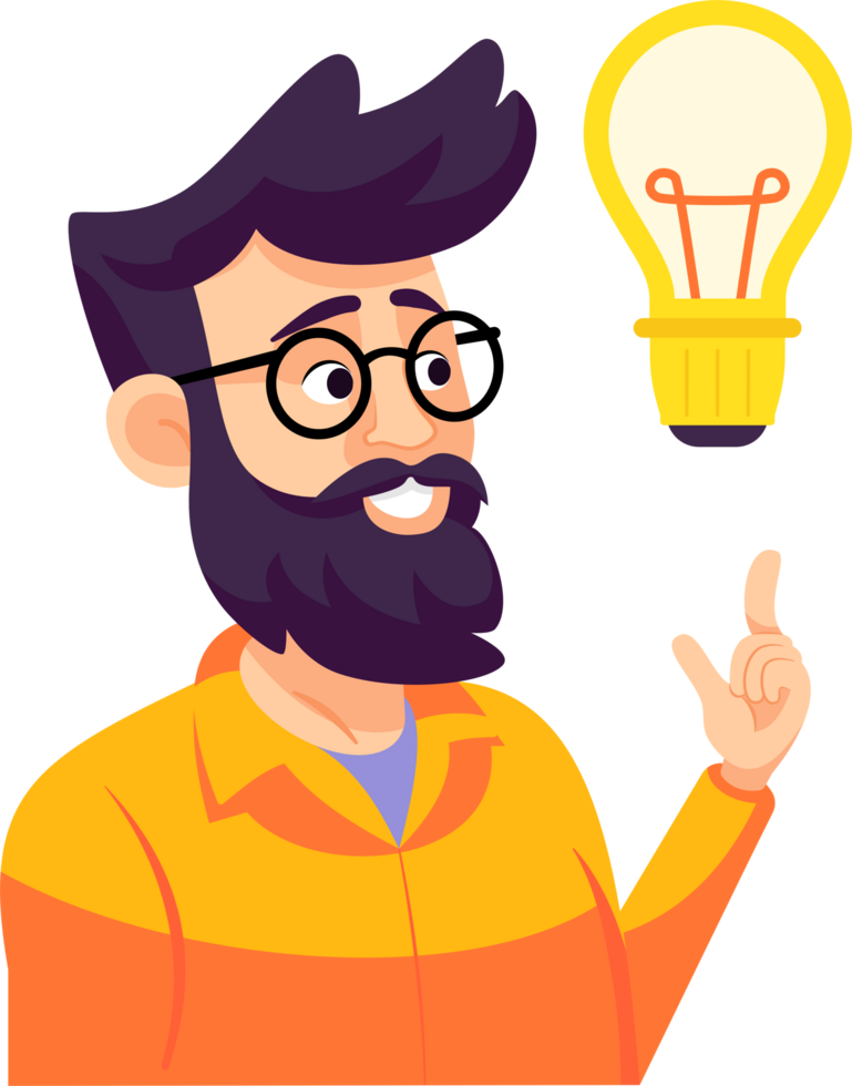 Man think idea with light bulb, flat style illustration. png