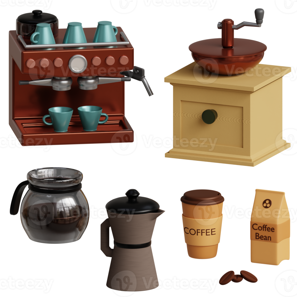 3d rendered coffee set includes coffee machine, coffee grinder, coffee pack, coffee pot, coffee cup perfect for coffee shop design project png