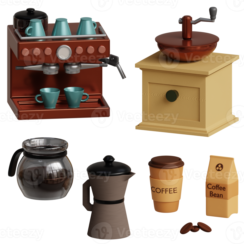 3d gerendert Kaffee einstellen beinhaltet Kaffee Maschine, Kaffee Schleifer, Kaffee Pack, Kaffee Topf, Kaffee Tasse perfekt zum Kaffee Geschäft Design Projekt png