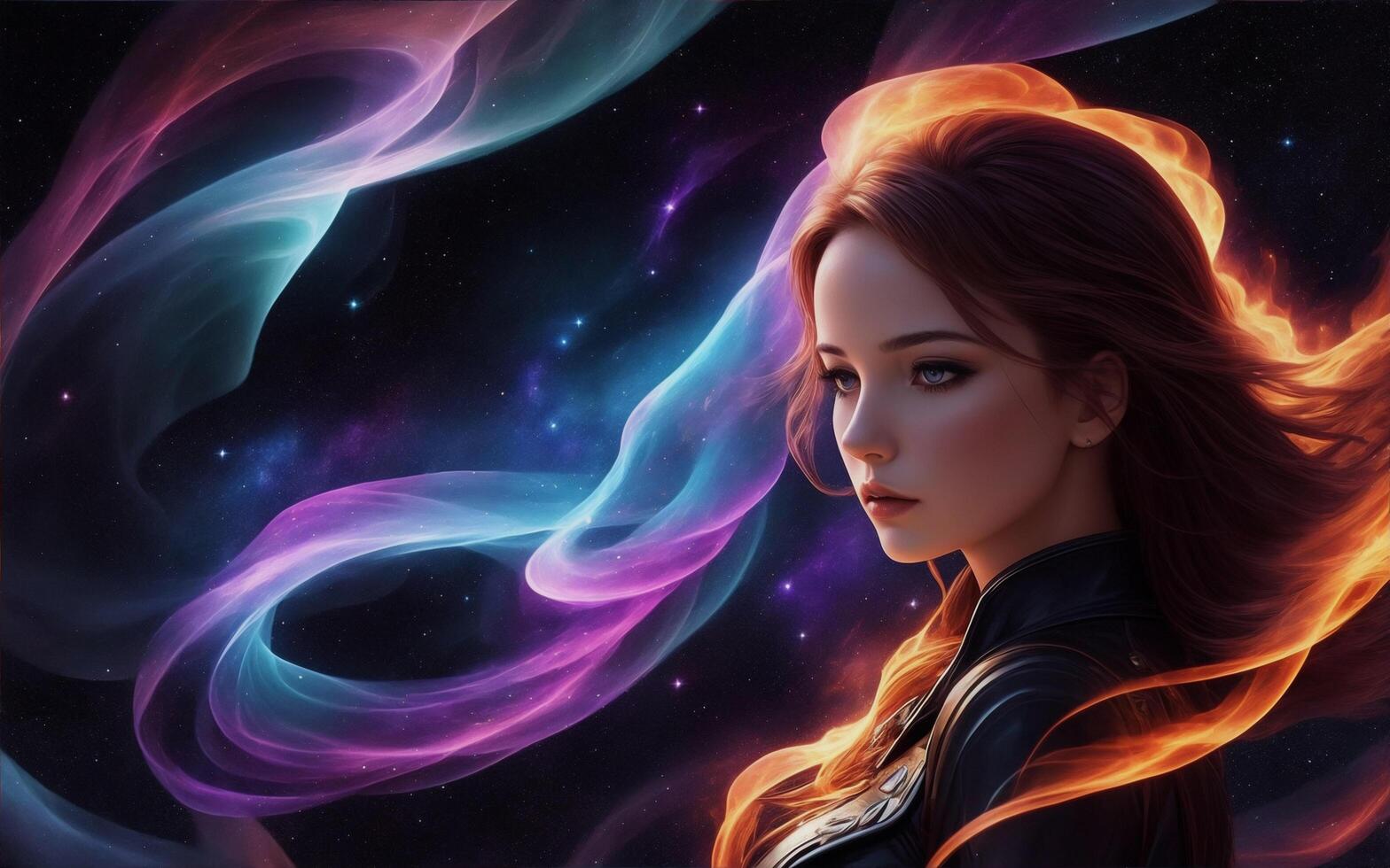 beautiful women with cosmic fire stars, create with photo