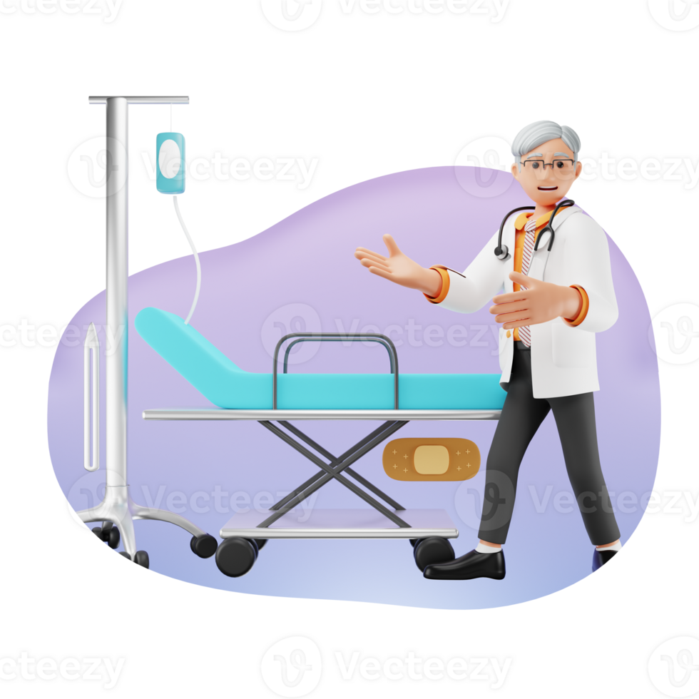 Doctor Standing With Hospital Bed 3D Character Illustration png