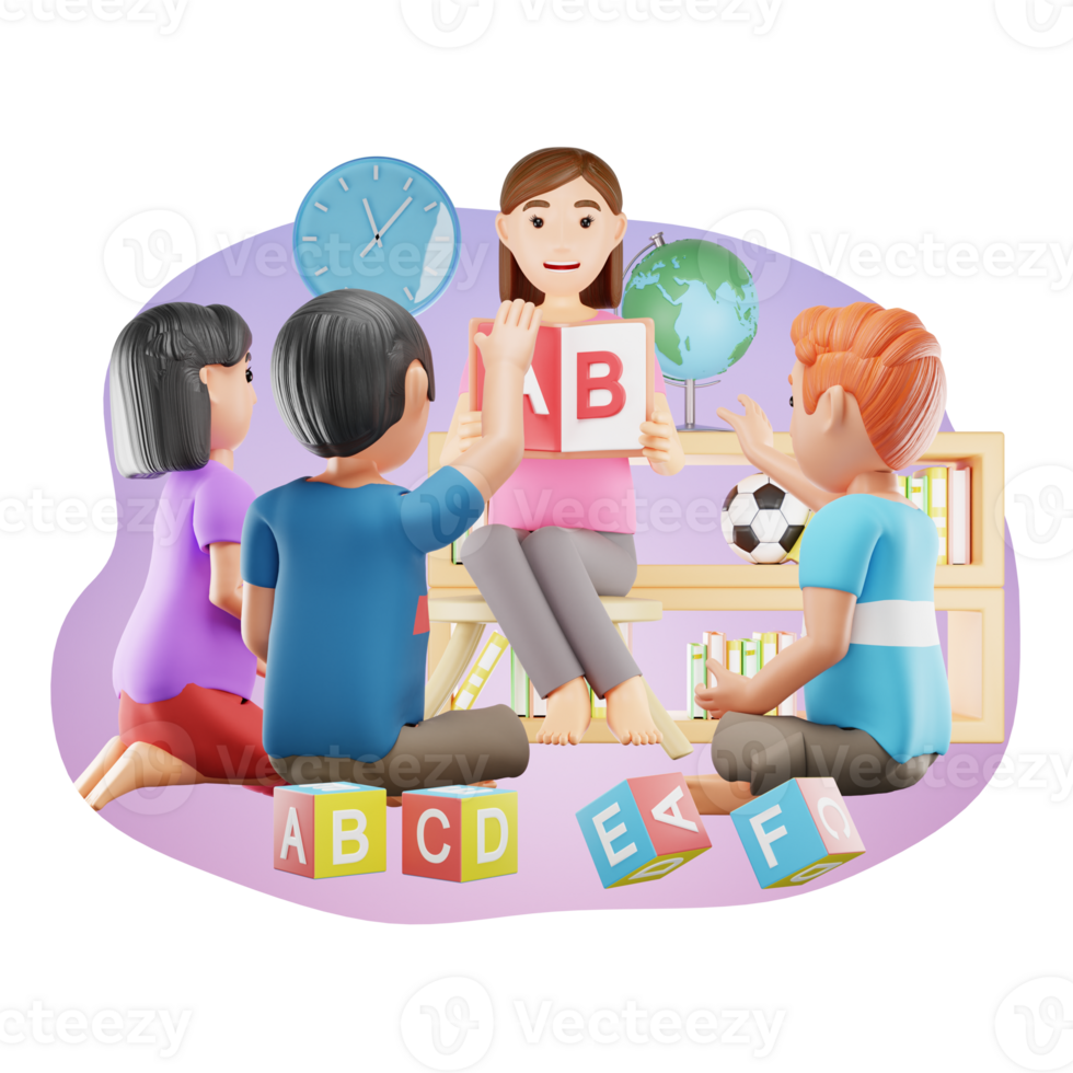 prescolastico insegnante insegnamento alfabeti per bambini, 3d personaggio illustrazione png