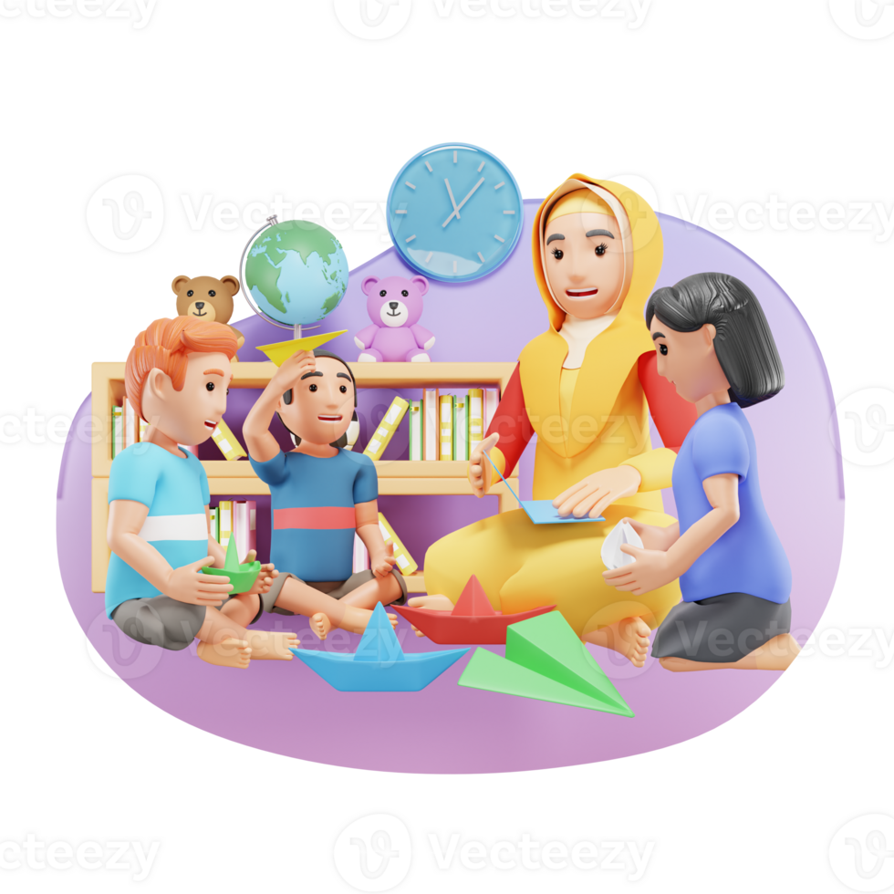 Preschool Teacher Teaching To Children 3D Character Illustration png