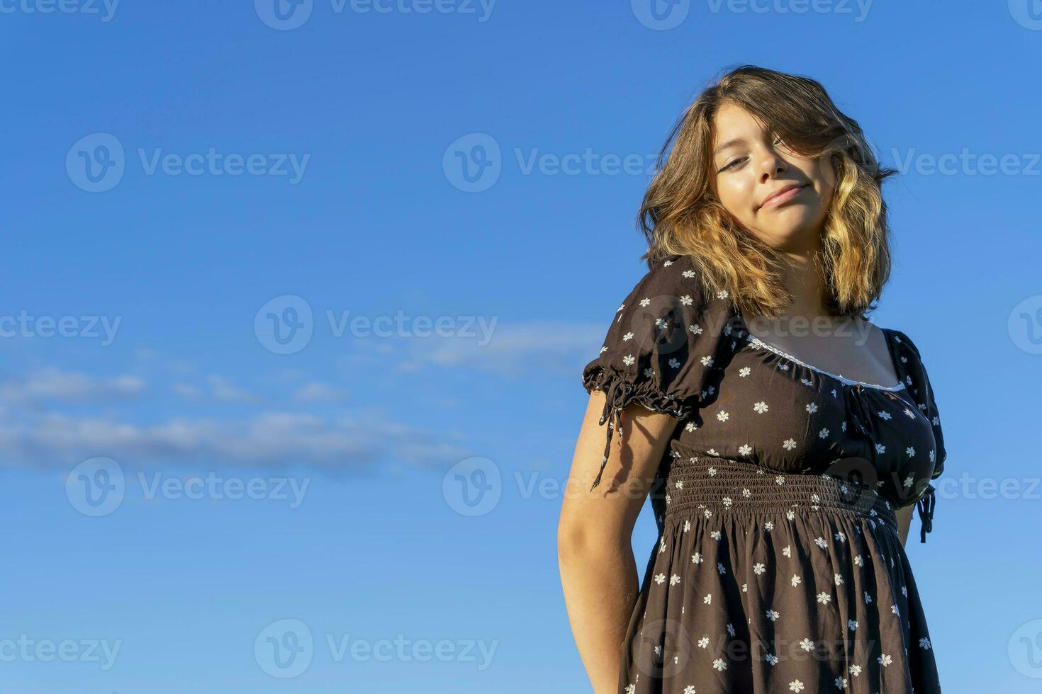 attractive girl with long hair in fashionable brown dress against sky photo