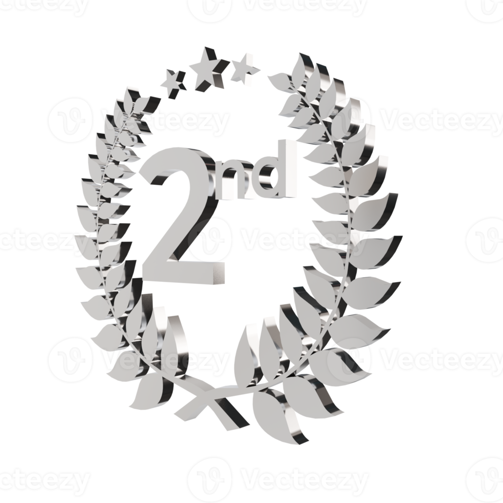 3d render silver laurel wreath with second number. the concept for the second place award in the ceremony event. 3d illustration png
