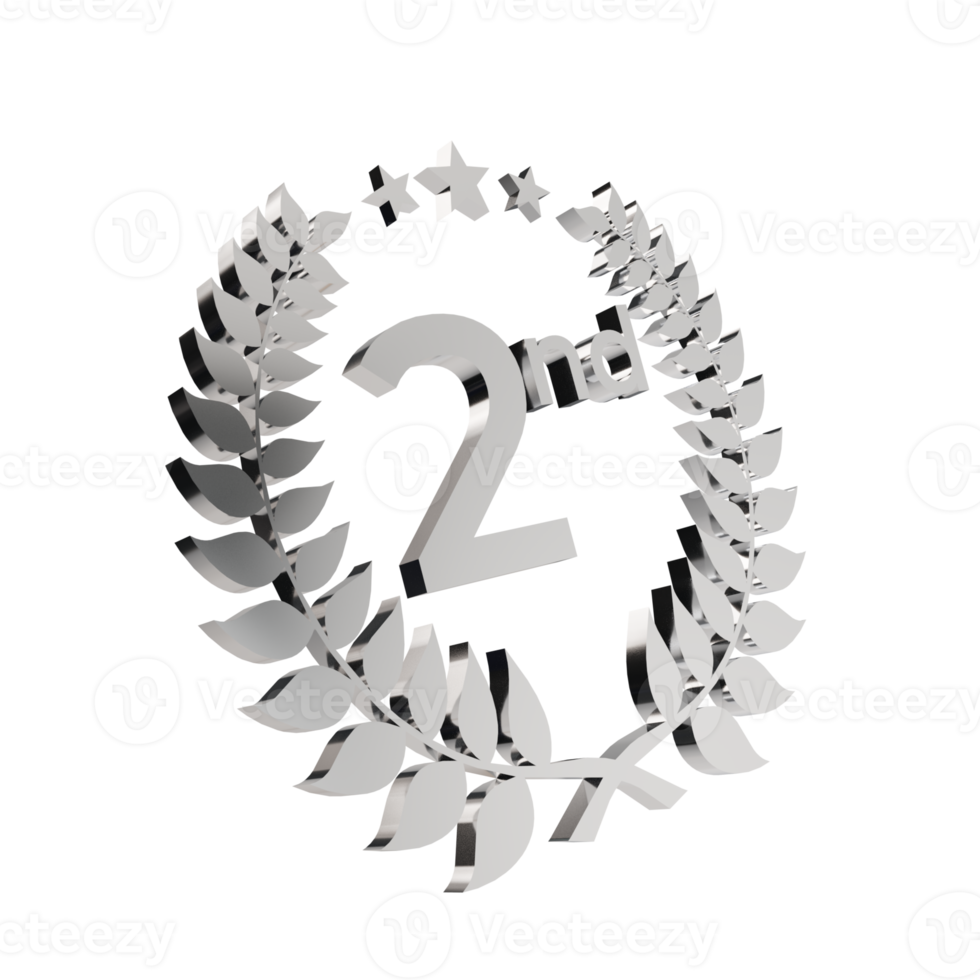 3d render silver laurel wreath with second number. the concept for the second place award in the ceremony event. 3d illustration png