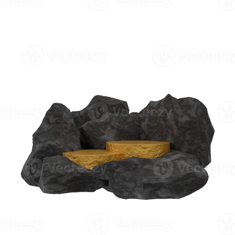 3d render of a golden podium with black stones. minimalist mockup for podium display or showcase png
