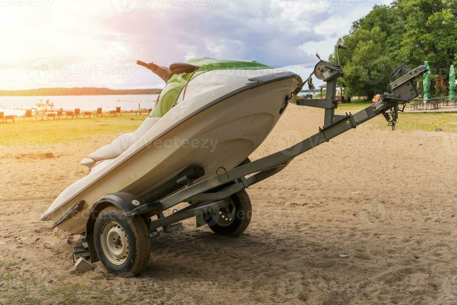 jet ski mounted on a special trailer on the beach photo