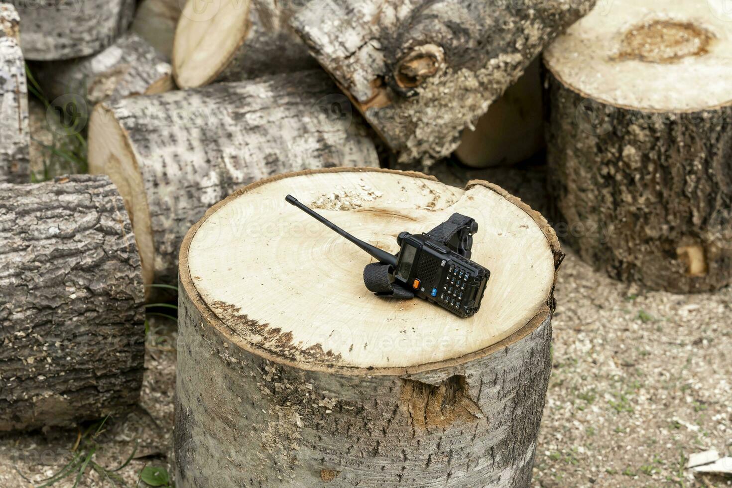 the walkie-talkie is lying on a wooden stump. Means of communication photo