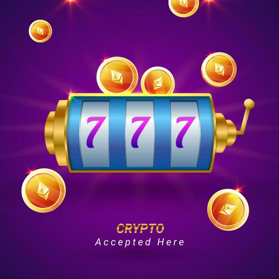 Gold coins and slot machine with text CRYPTO Accepted Here. vector