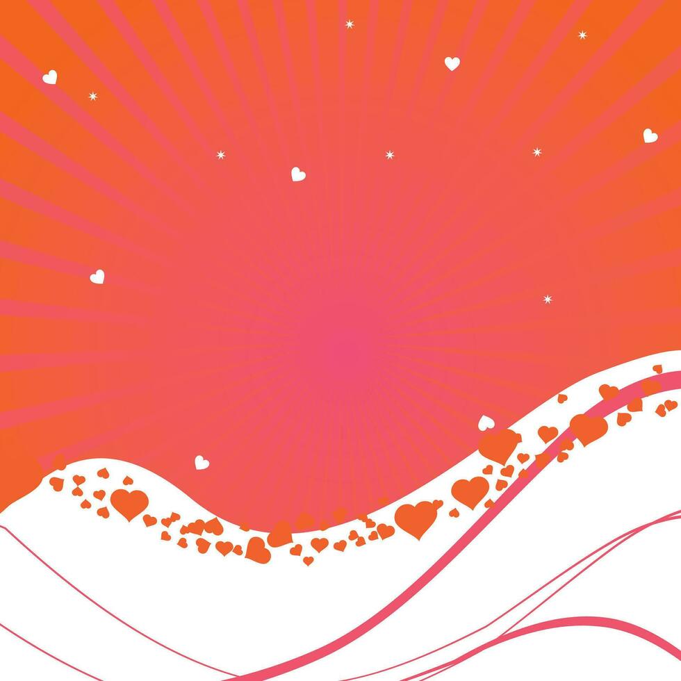 Waving hearts decorated glossy rays background. vector