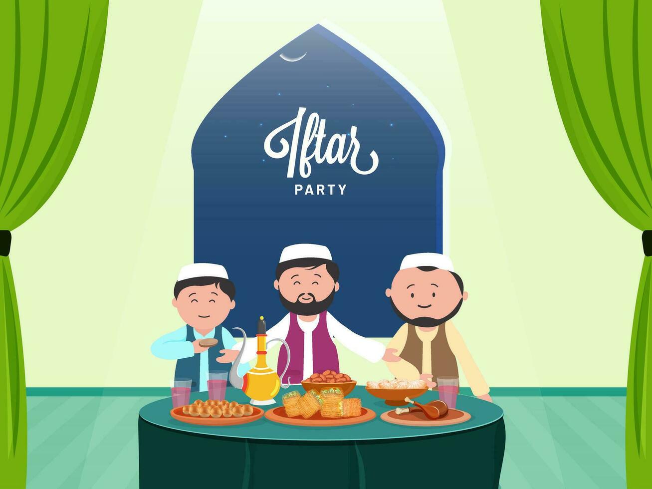 personaje de musulmán hombres disfrutando iftar delicioso comida con texto iftar fiesta. vector