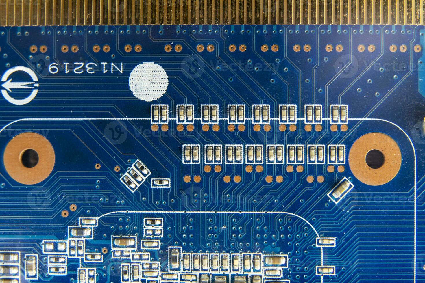 resistors on the blue printed circuit board. pcb photo