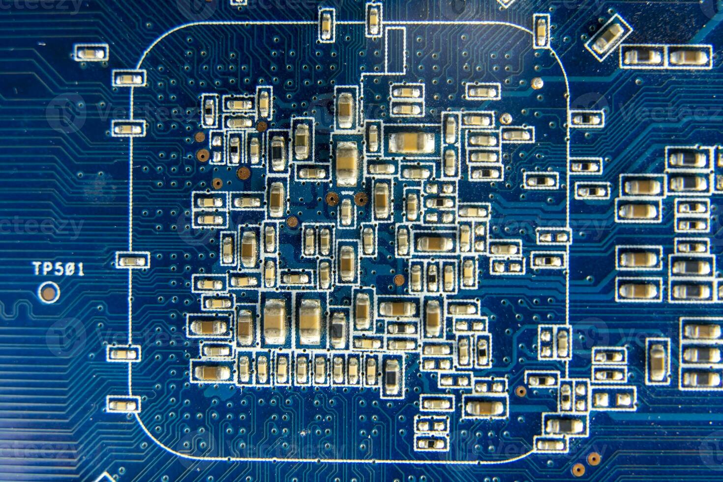 resistors on the blue printed circuit board. pcb photo